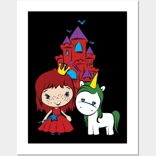 Unicorn Little Red Head Princess Castle. Posters and Art
